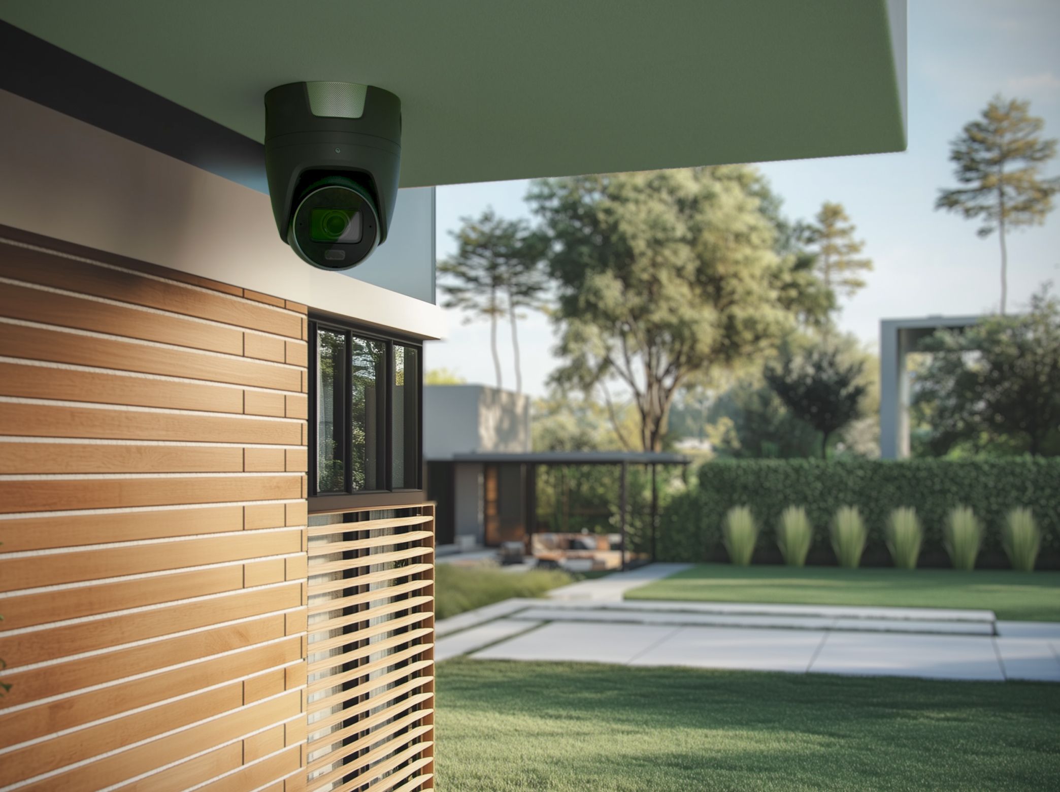 Überdachte Hausecke mit moderner Überwachungskamera an der Decke und Garten mit Bäumen und Rasen im Hintergrund